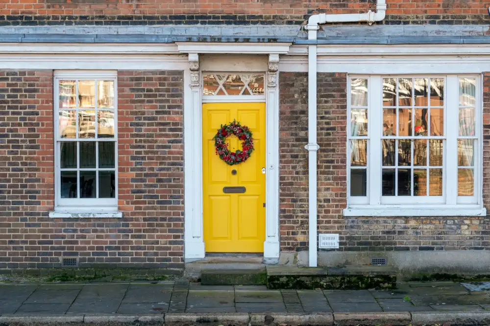 Yellow front door on a red-brick Victorian house – residential locksmith Bournemouth front door security check by Locksmith Bournemouth